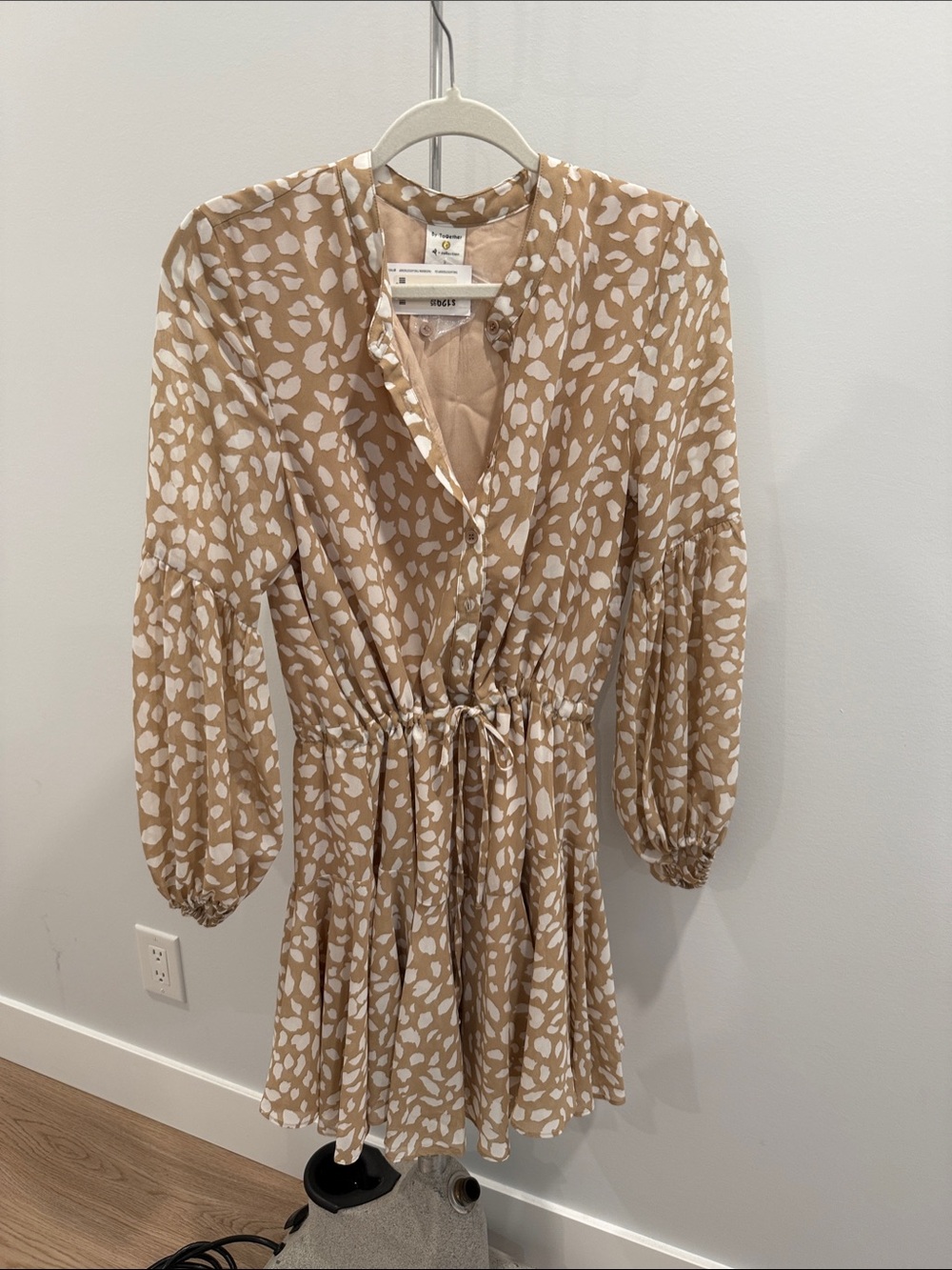 Beige and White Printed Long Sleeve Drawstring Chiffon Mini Dress